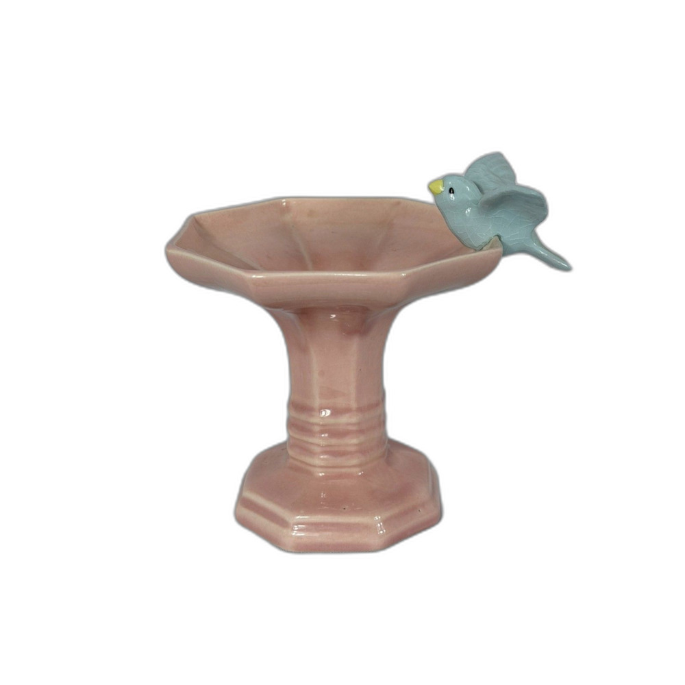 VTg Mccoy ? MCM Pink Birdbath Blue Bird Perched Bud Vase Candle Holder RARE